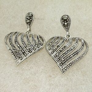 Vintage Heart Shaped Sterling Silver 925 & Marcasite Earrings Diamond Read Descr